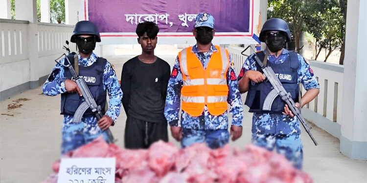 নৌকায় পাওয়া গেল ১১০ কেজি হরিণের মাংস, যুবক আটক